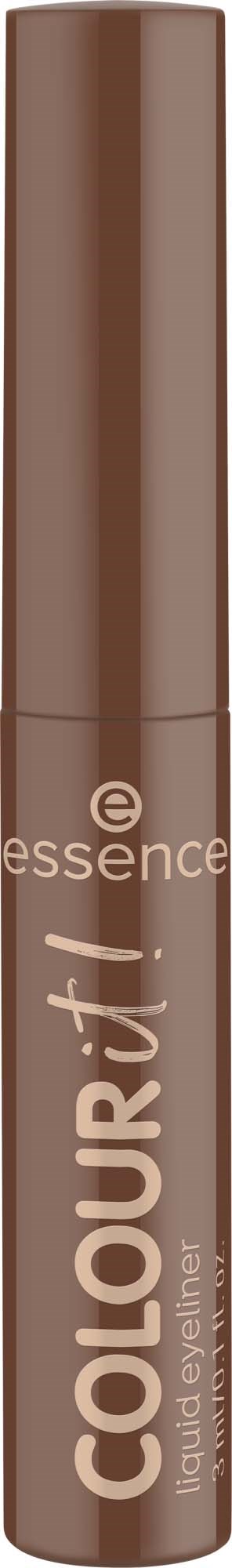 A brown tube of essence colour tint liquid eyeliner stands upright, labeled with the brand and product name.