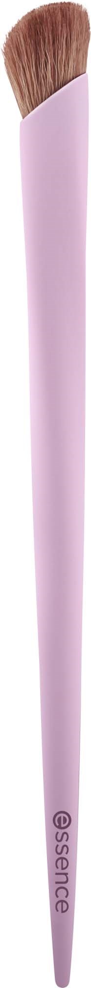 En rosa makeup-børste med rund tupp og myke børster, merket essence.