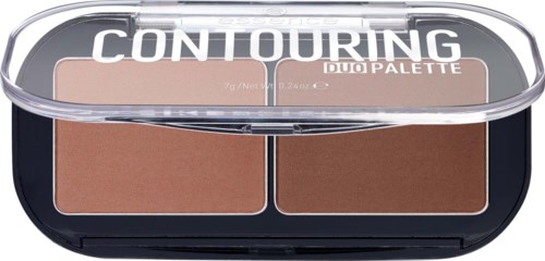 Een make-uppalette met twee contourpoederkleuren, genoemd 'Contour Duo Palette.'