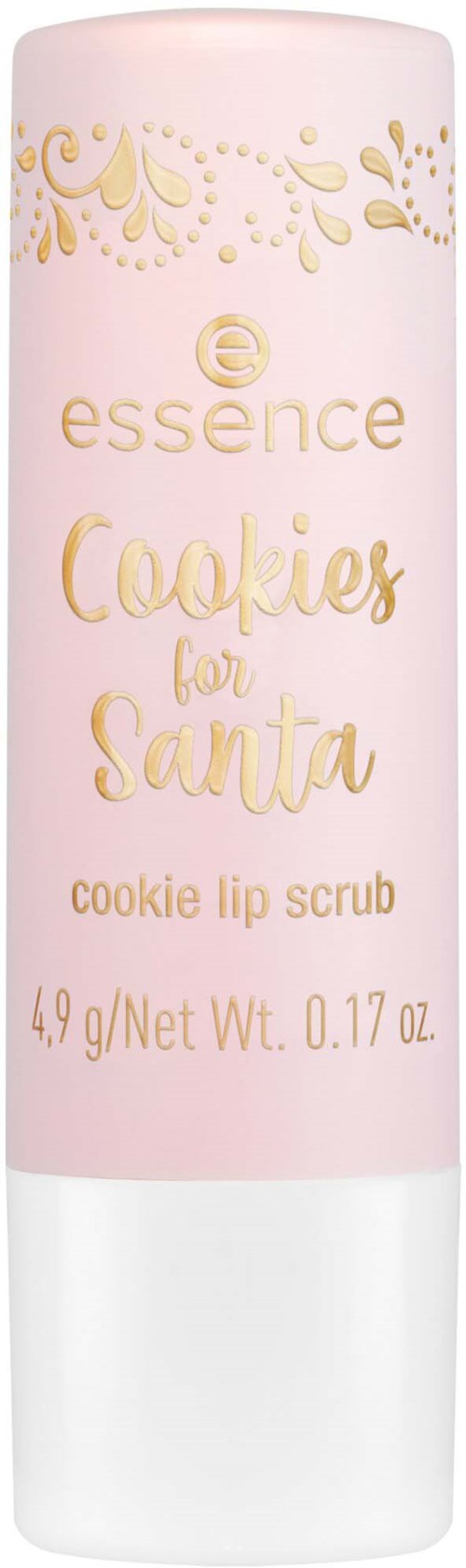A pink and white tube labeled 'Cookies for Santa cookie lip scrub' with decorative gold elements.
