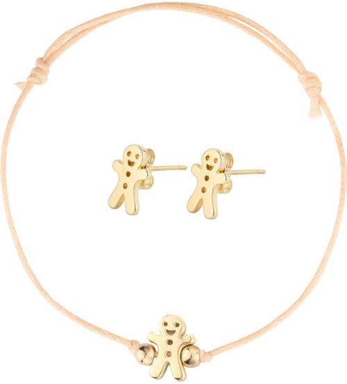 Gingerbread-shaped earrings and a necklace are displayed, all with smiley faces, on a light background.
