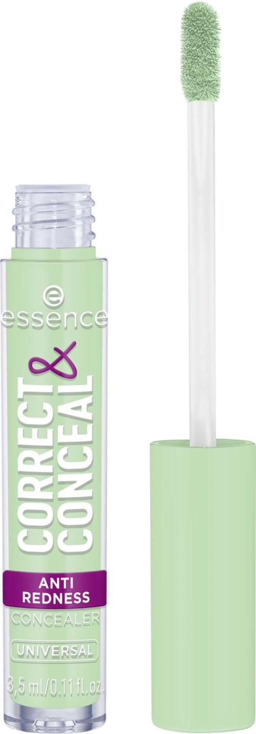 Grønn og hvit tube med concealer med børstepensel for anti-rødme makeup.