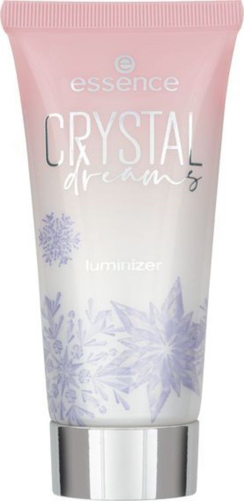 Pink tub med texten 'essence CRYSTAL dreams luminizer' och snöflingor, ser ut som en hudvårdsprodukt.