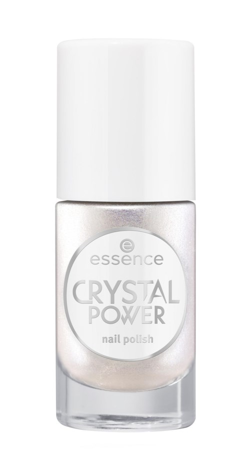 En liten flaska nagellack med Essence Crystal Power, vit kork och silverfärgat lack.