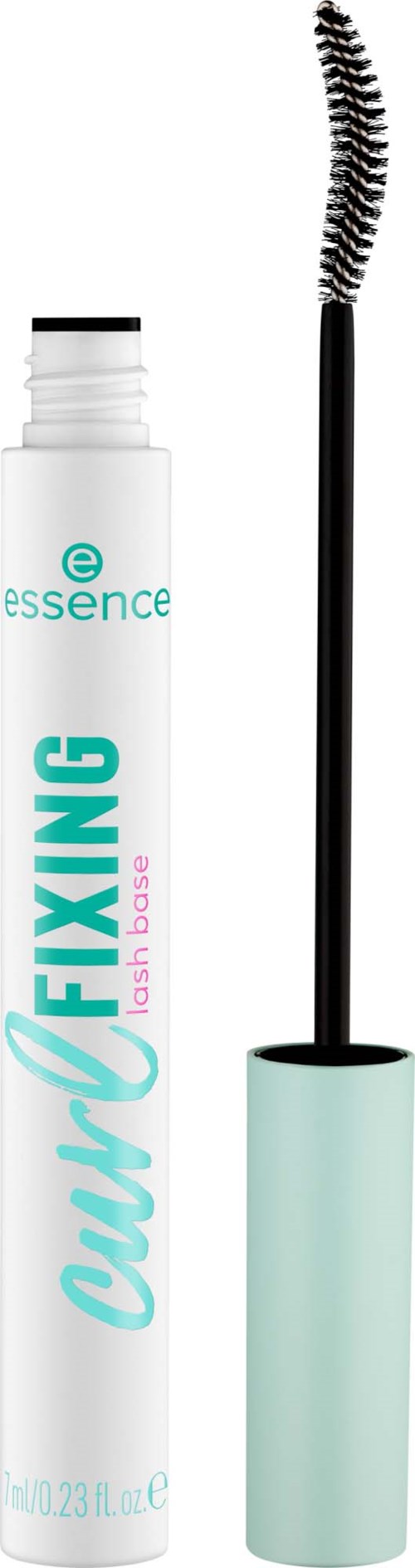 A mascara tube with wand, labeled as "Curl Fixing" by Essence, in white and light blue colors.