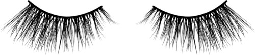 A pair of long, thick eyelashes above, with some mascara on them, on a plain background.