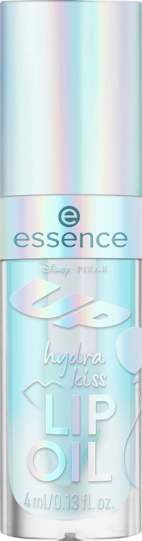 A tall, shiny bottle of Essence hydra kiss lip oil with light blue and silver colors and text.