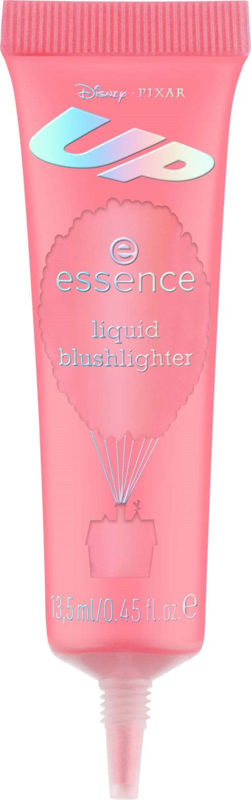 Pink tube of liquid blush with UP Disney Pixar logo and text, and a faint heart graphic.