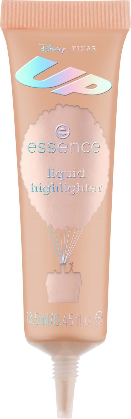 En beige tub med flytande highlighter med pastellfärgad text och en ballongillustration. Märkt 'VIP essence' från Disney Pixar.