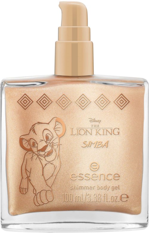 A bottle of body gel with a pump dispenser, featuring Simba from Disney's The Lion King as a character illustration.