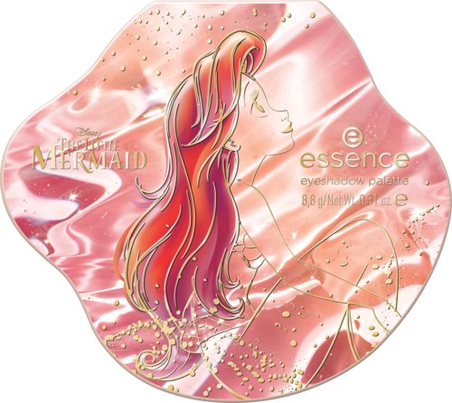 En rosa, glänsande förpackning med en sjöjungfruillustration, guldglitter och text för Disneys A Little Mermaid ögonskuggs-palett.