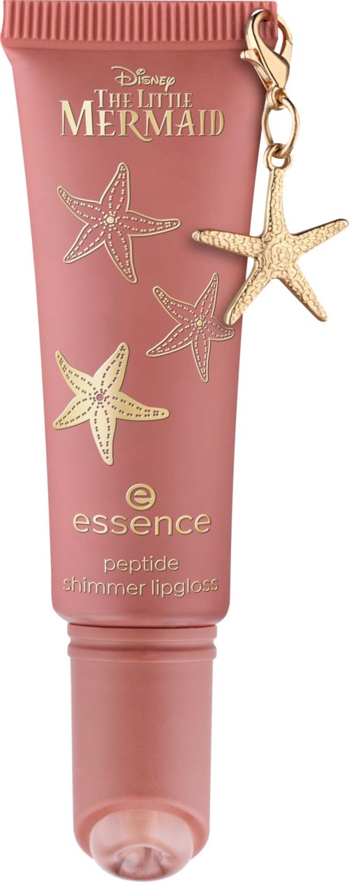Pink tub med stjärnfisk-illustrationer och ett stjärnfiskarhänge, märkt 'The Little Mermaid' och 'essence shimmer lip gloss.'