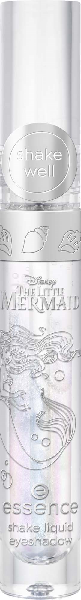 Tydlig cylindrisk behållare med Little Mermaid-logotyp, innehållande flytande ögonskugga och instruktioner att skaka ordentligt.