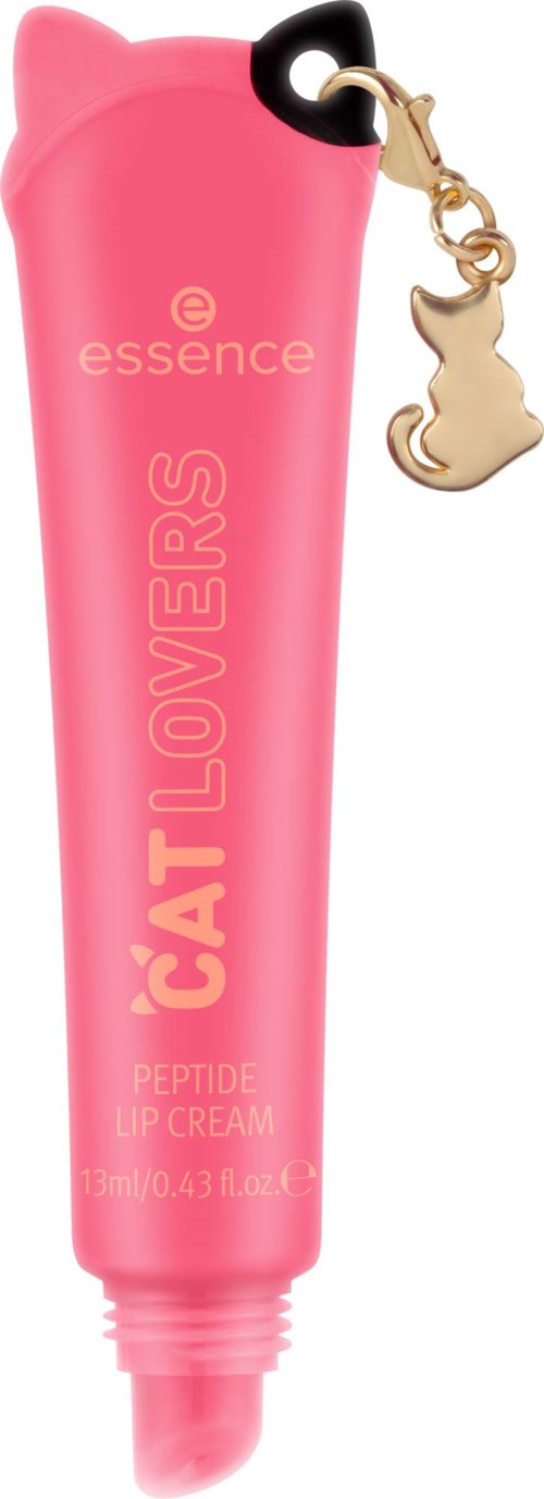 Roze tube essence kat lovers lipcream met een kleine kattenbedel. De punt is voor het aanbrengen.