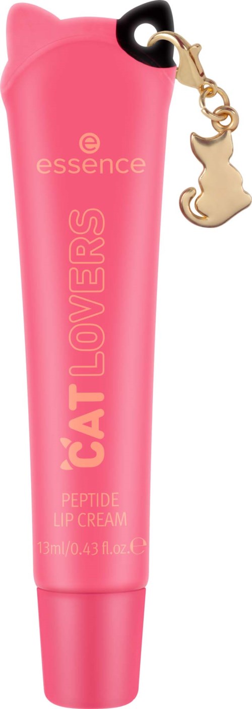 Roze tube met kattenmotiv voor lipcrème met gouden kattenhanger. Tekst: 'Cat Lovers' en 'Peptide Lip Cream'.