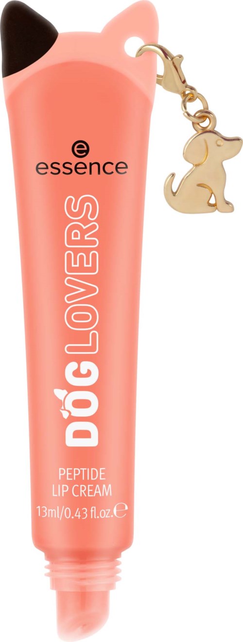 Roze hondenvormige lippenbalsemtube met zwart oor, gouden hondenslinger en witte tekst met Dog Lovers. Essence merk.