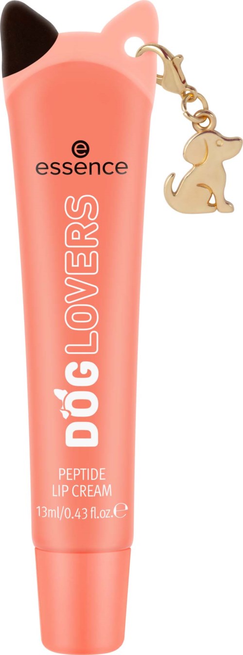 Perzikkleurige lippenbalsemtube met hondenbedel, merk Døg LOVERS Peptide Lip Cream door Essence.