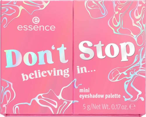 Vaaleanpunainen essence-ihonsävyjen pakkauksessa, jossa on valkoinen ja sininen teksti "Don't Stop believing".