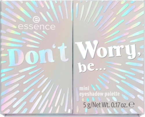 Färgglad förpackning med frasen "Don't Worry, be..." och nämner en mini ögonskuggspalett från Essence.