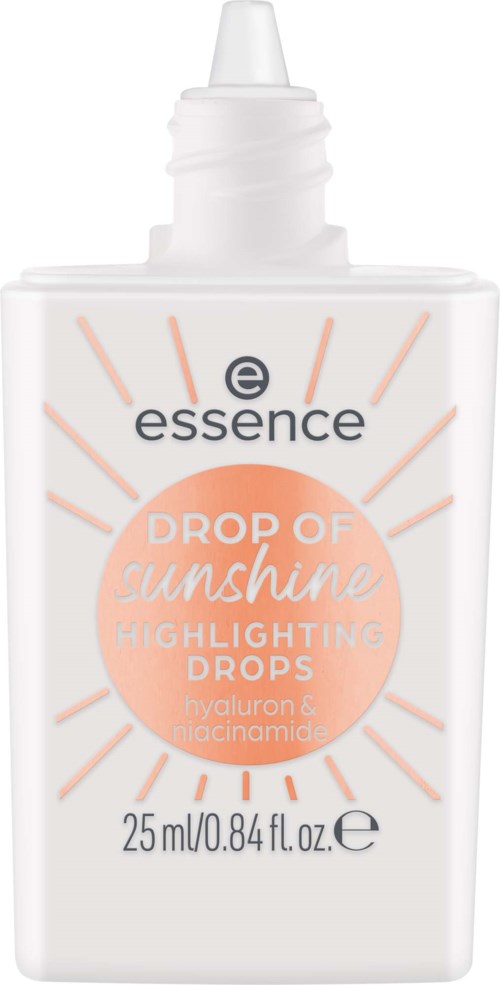 En vit droppflaska med rosa och svart text för essence highlighting drops, innehållande 25ml produkt.