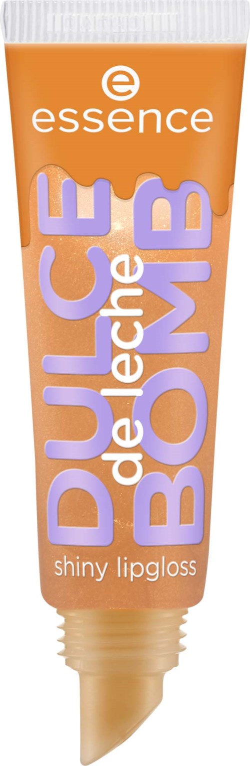 A tube of Essence lip gloss with orange and purple colors and the words DualIce de Leche Bon. Shiny finish.