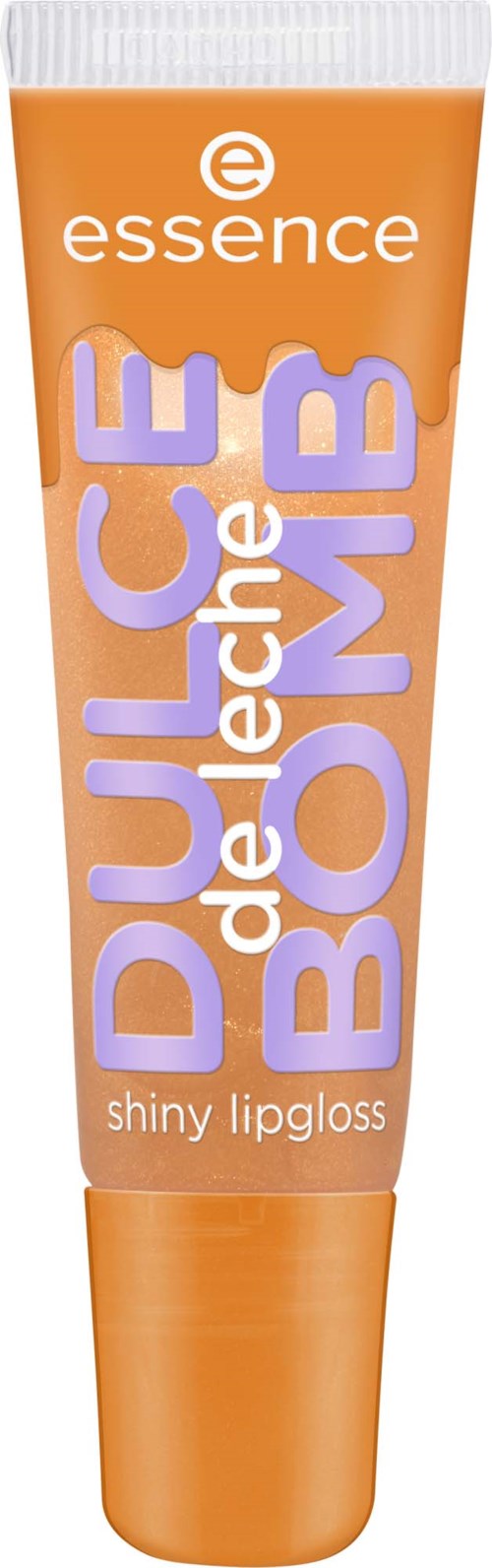 A tube of shiny lip gloss from essence with orange packaging and purple text.