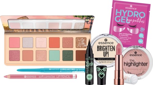 A collection of makeup items including an eyeshadow palette, eyepatches, mascara, highlighter, and lip pencil.