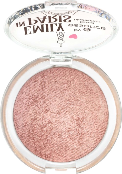 A round makeup blush with a pinkish hue, in a transparent container with a clear lid.