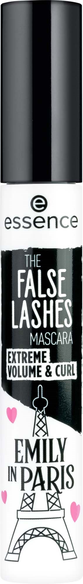 A mascara tube with black and white colors, labeled "False Lashes," "Emily in Paris," and a drawing of the Eiffel Tower.