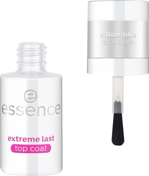 Hvid neglelakflaske med en sort børste og hvid hætte. Etiketten siger 'essence extreme last top coat' og 'salon like last & gel.'