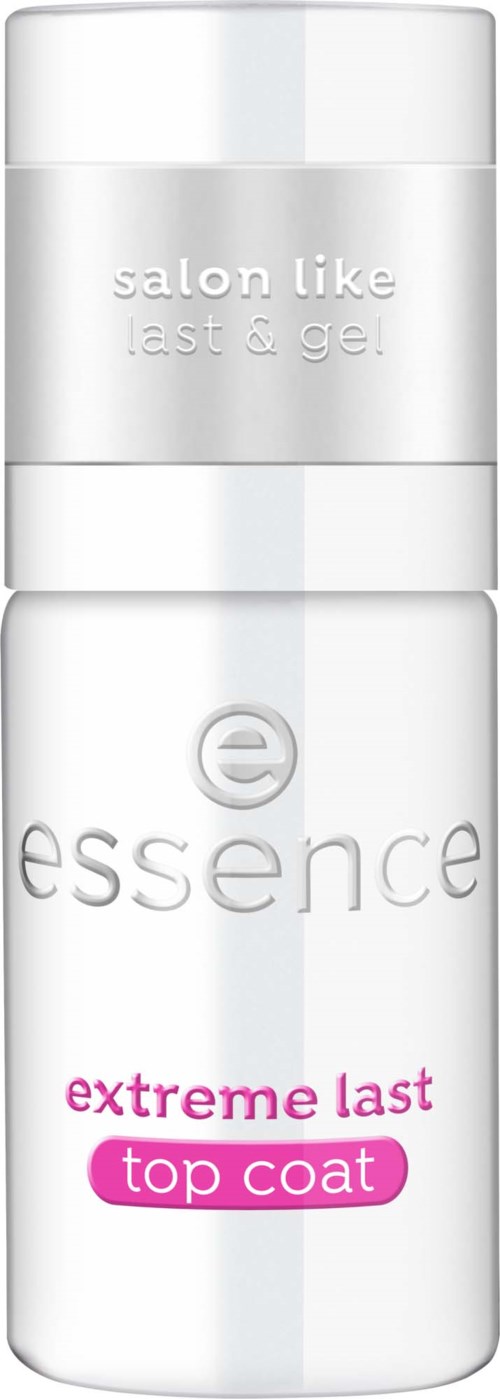 En hvid flaske med mærket 'essence' og tekst om et overlak til negle.