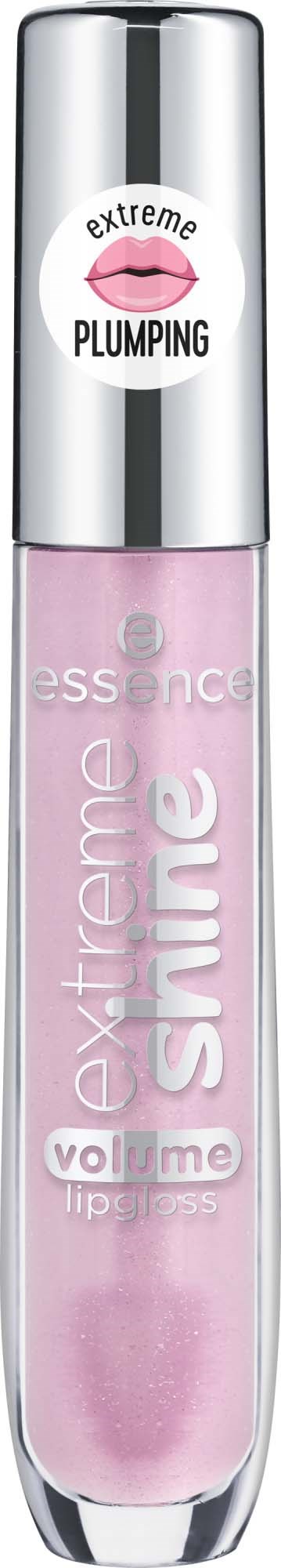 Pink lip gloss with silver cap, labeled extreme volume and plumping. It enhances lip fullness.