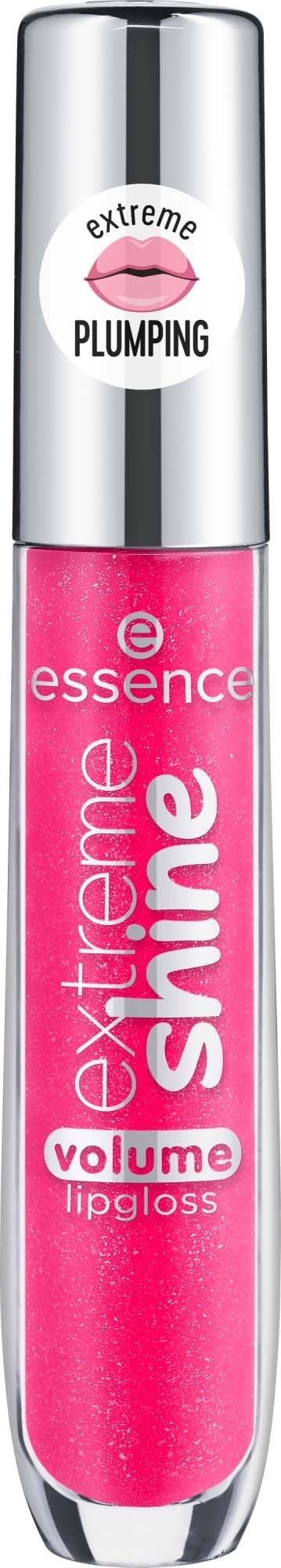 A pink lip gloss with a silver cap, labeled 'Extreme Shine Volume Lipgloss', with a logo of lips and 'extreme plumping' text.