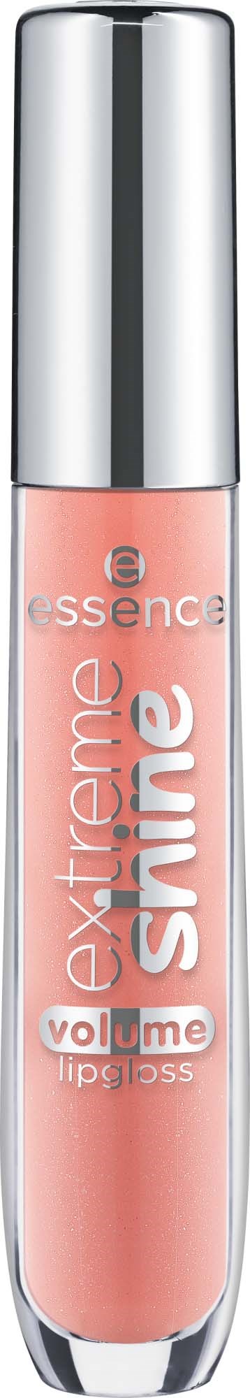 Läppglans i genomskinlig tub med silverlock, märkt 'essence extreme shine volume lip gloss'.