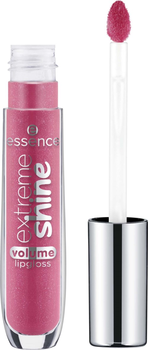 Pink lip gloss tube with applicator stick next to it, labeled 'extreme shine' and 'volume' in white and pink text.
