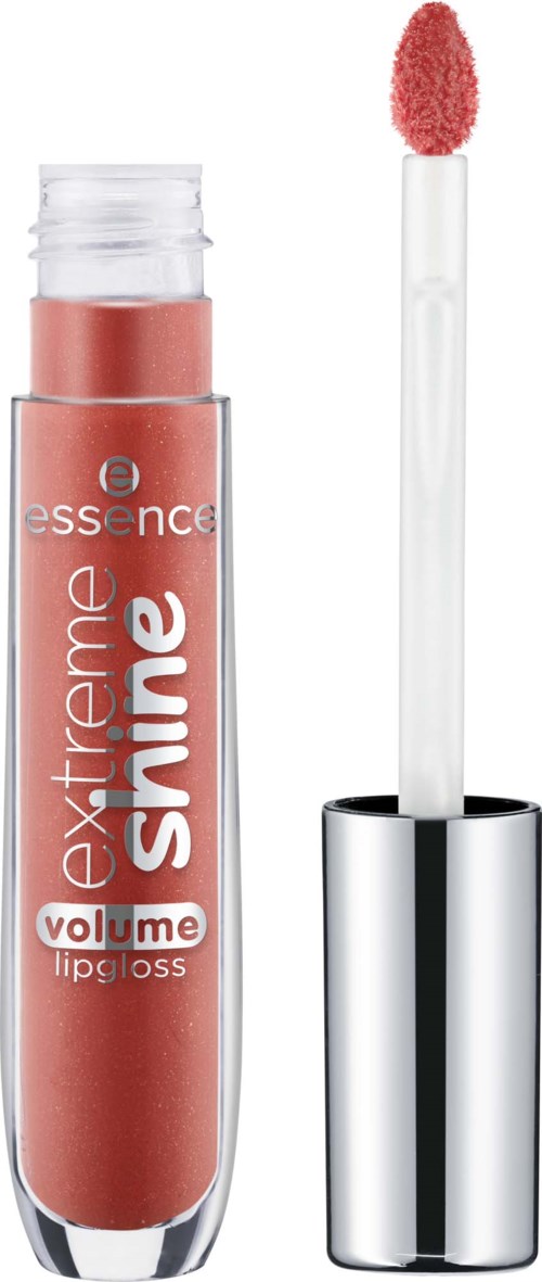 A lip gloss tube with a pink applicator and silver cap, labeled 'essence extreme shine volume lip gloss.'