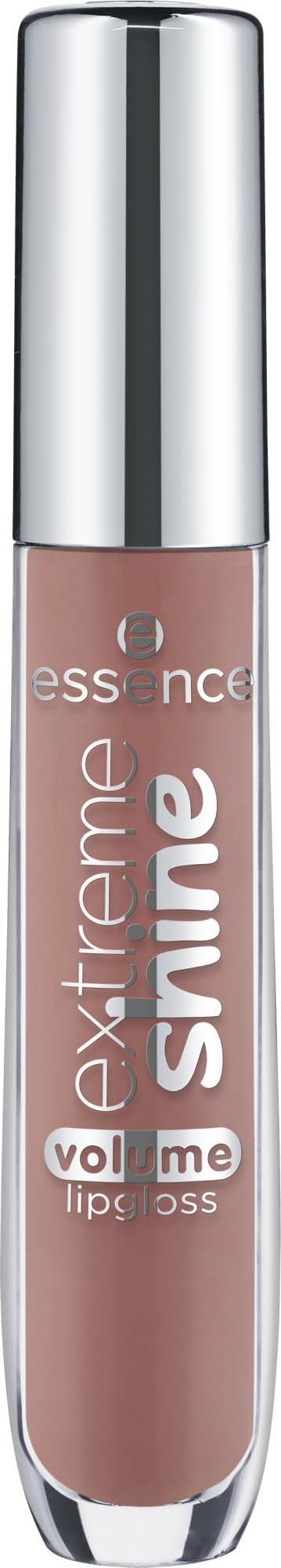 En läppglans i ett genomskinligt rör med ett glänsande silverlock, märkt Essence Extreme Shine volym.