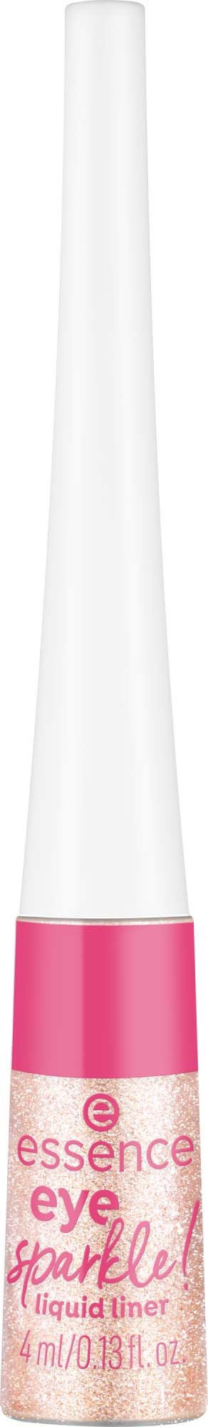 Pinkki ja valkoinen nestemäinen silmänrajausvoide Essence-merkkiseltä pullolta, jossa on pitkä terävä sovellusheitin.
