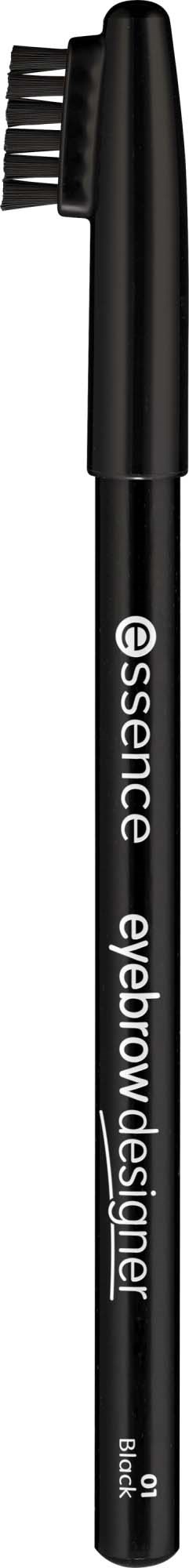 En svart penna med borststift och orden essence och eyelid designer på.