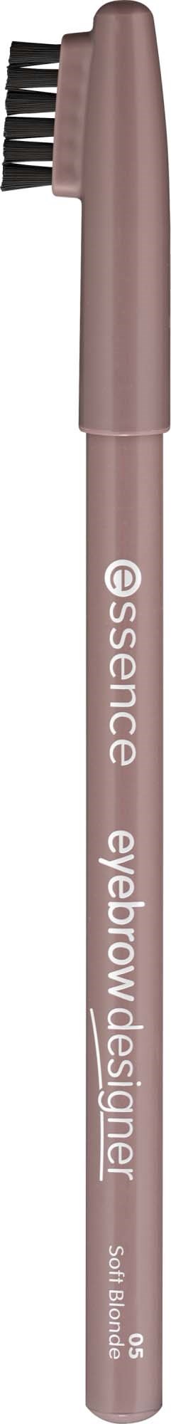 En rosa eyeliner penn med en svart børste inni et lokk, merket 'essence eyebrow designer' og 'sal. ultrabrow'