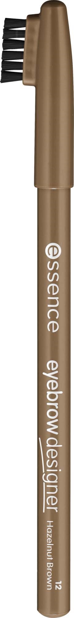 Ein beiger Augenbrauenstift mit einer schwarzen Bürste an einem Ende, gekennzeichnet Essence Eyebrow Designer.