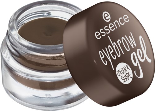 Brun bryngel i liten glasskrukke med lokk som sier 'essence eyebrow gel'.
