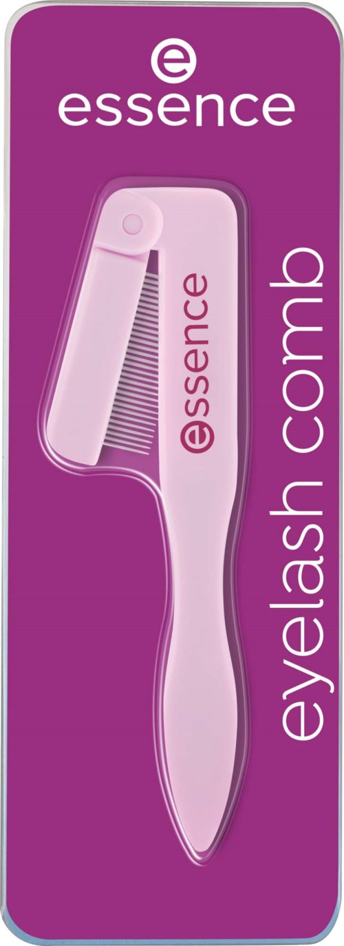 Een roze wimperkammetje in paarse verpakking met de merknaam 'essence'.