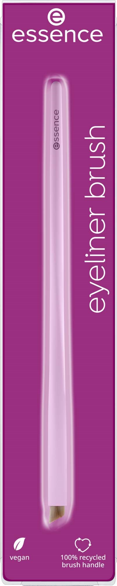 Förpackning i rosa för Essence eyelinerborste med symboler för vegansk och återvinningsbar handtag.