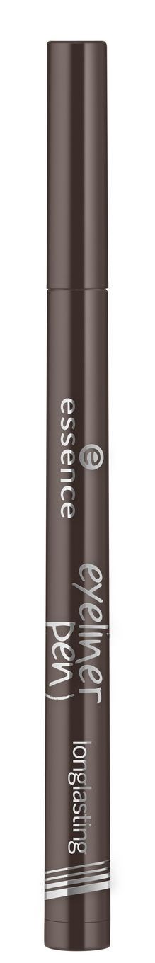 En brun eyelinerpenna märkta 'essential eye liner pen' med lock, stående vertikalt mot en enkel bakgrund.