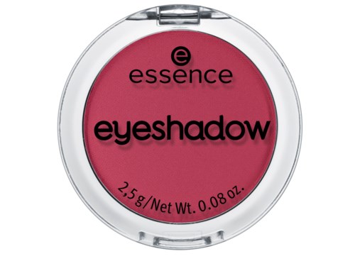 Ein runder Lidschattenbehälter mit rosa Farbe, Markenname 'essence' und Gewichtsangabe.