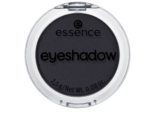 Runde schwarze Lidschatten in einer transparenten Plastikverpackung mit den Worten 'essence' und 'eyeshadow'.