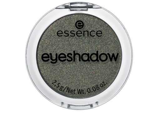 Grüner Lidschatten in runden Dose, beschriftet 'essence' und 'eyeshadow,' mit Gewichtsangaben.