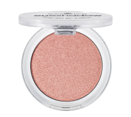 Ein runder Behälter mit weißem Deckel enthält pinkfarbenes, schimmerndes Make-up.