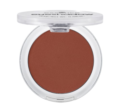 Ein runder Makeup-Blush-Deckel mit bräunlich-roter Nuance und transparentem Deckel.